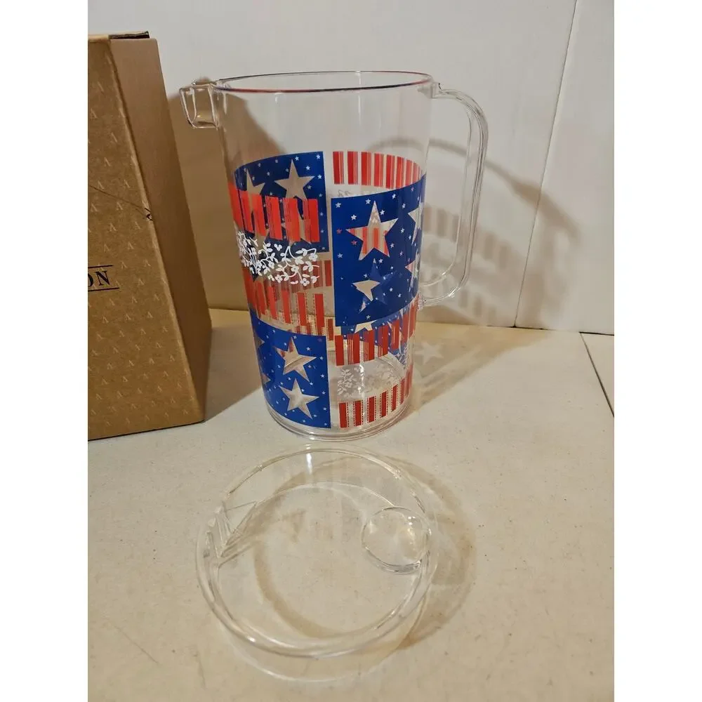 Vintage Avon Star Spangled Covered Pitcher w Lid Patriotic Red White Blue Box